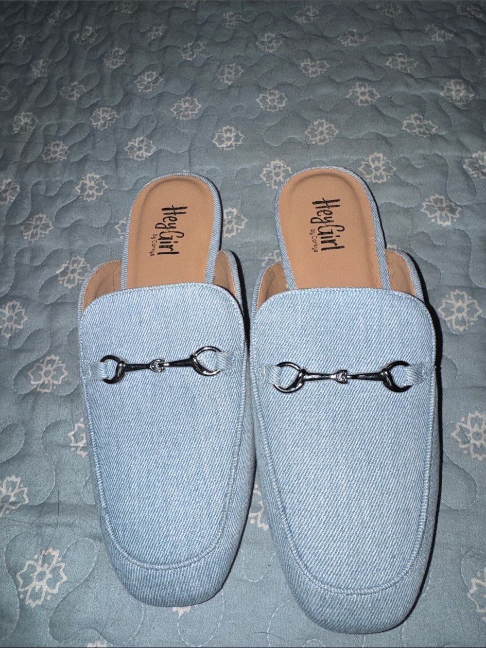 Corkys Light Blue Denim Slip-On Mules with Silver Horsebit